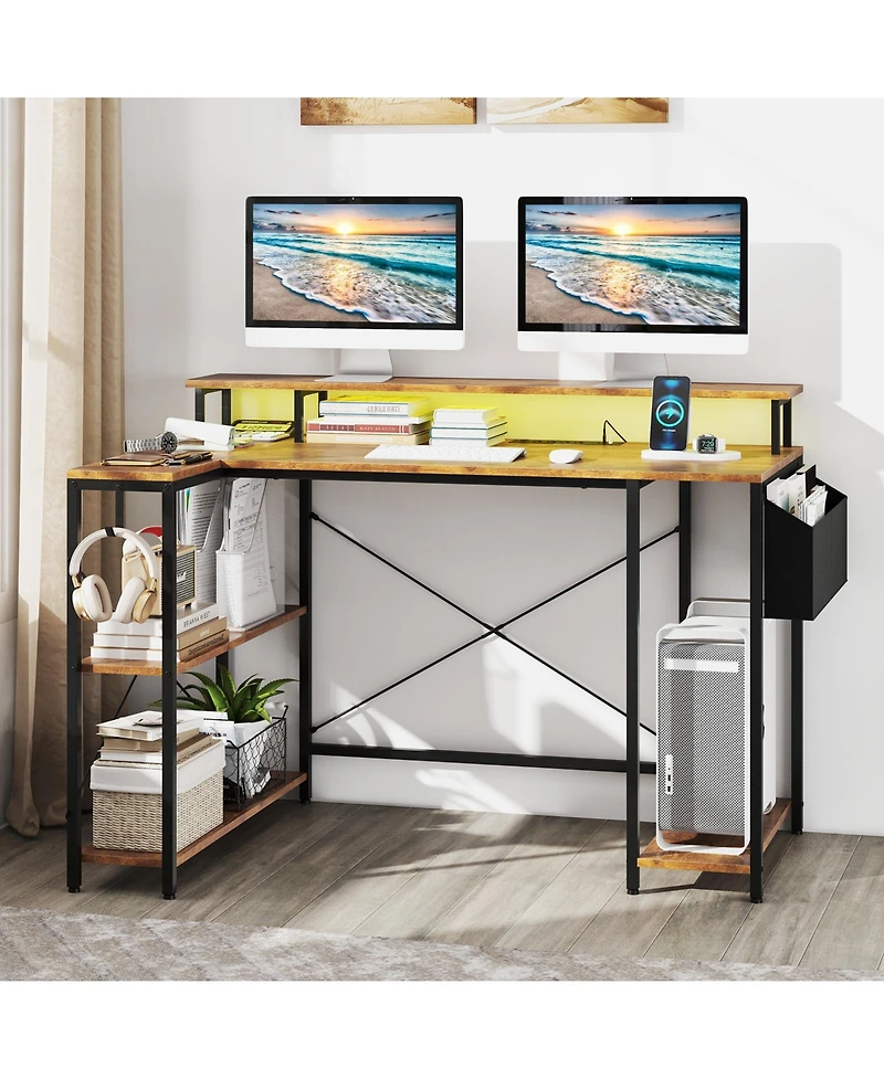 Sugift L-Shaped Gaming Desk with Led Lights and Power Outlets-Rustic Brown