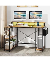 Sugift L-Shaped Gaming Desk with Led Lights and Power Outlets-Rustic Brown