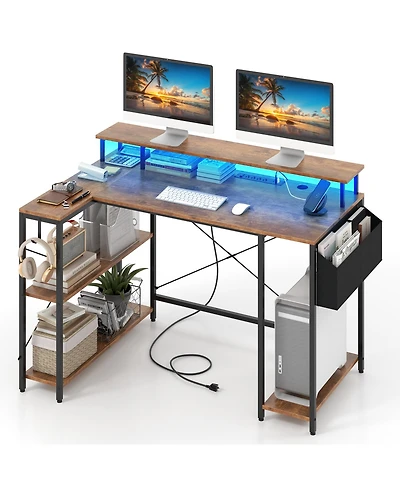 Sugift L-Shaped Gaming Desk with Led Lights and Power Outlets-Rustic Brown