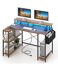 Sugift L-Shaped Gaming Desk with Led Lights and Power Outlets-Rustic Brown
