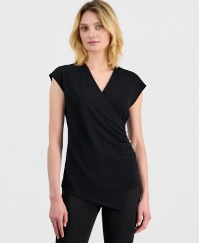 Anne Klein Womens Cap Sleeve Faux Wrap Top