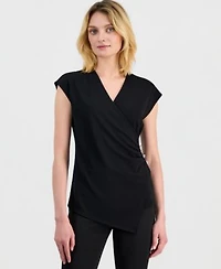 Anne Klein Womens Cap Sleeve Faux Wrap Top