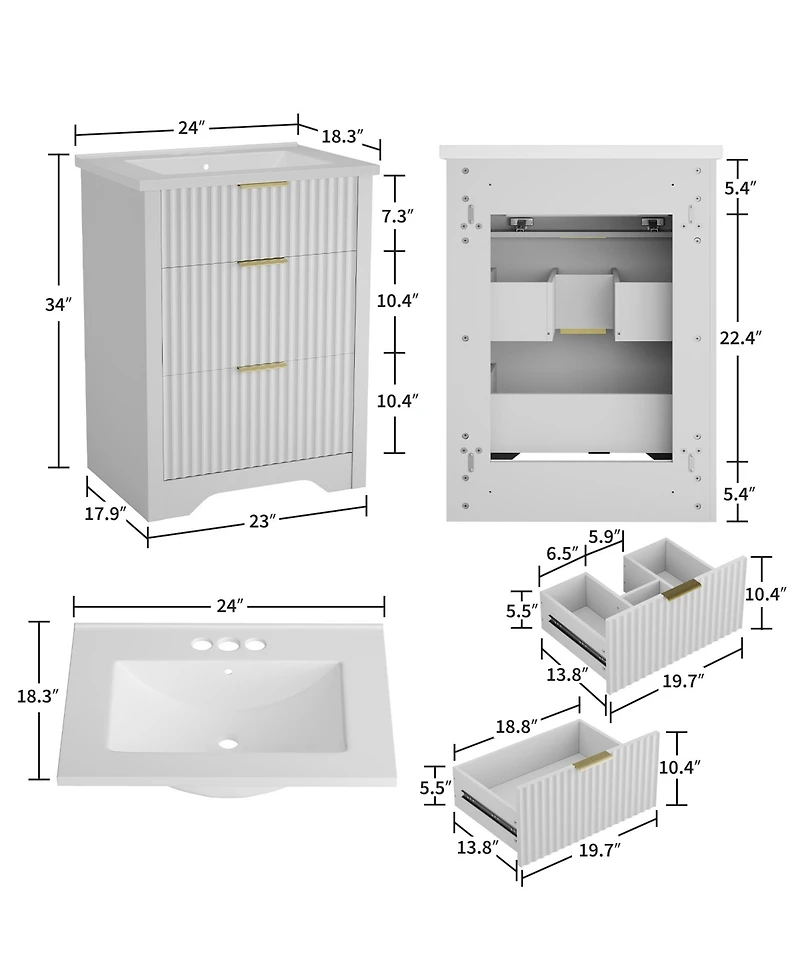 homfan Fluted Bathroom Vanity with Sink, Farmhouse Freestanding Cabinet 2 Drawers and Flip Down Drawer, Easy Assembly