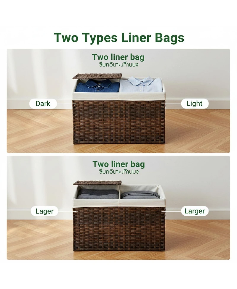 Yigii Storage Basket With Lid Woven Wicker 2 Bins 92 Gallon Foldable Removable Liners For Bedroom Laundry Room