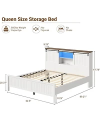 gaomon Farmhouse Bed Frame with Led Lights and Charging Station
