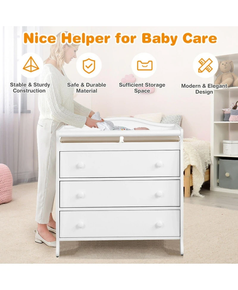 Gouun Baby Changing Table with 3 Storage Drawers and Safety Belt