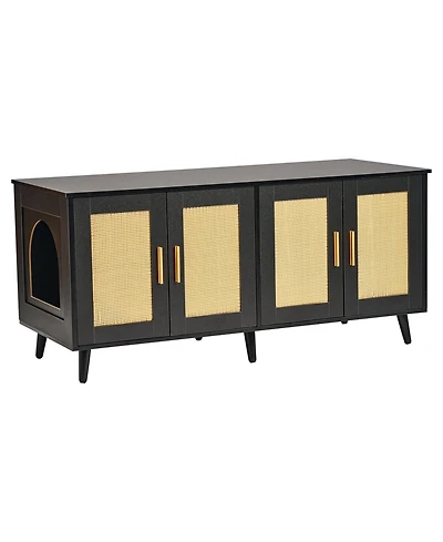 Inolait Wooden Cat Litter Box Enclosure for 2 Cats with Rattan Doors