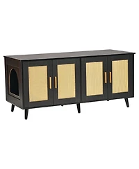 Inolait Wooden Cat Litter Box Enclosure for 2 Cats with Rattan Doors