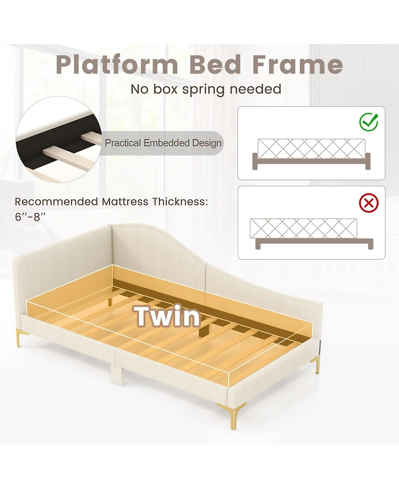 Sugift Upholstered Daybed with Metal Legs and Wood Slats