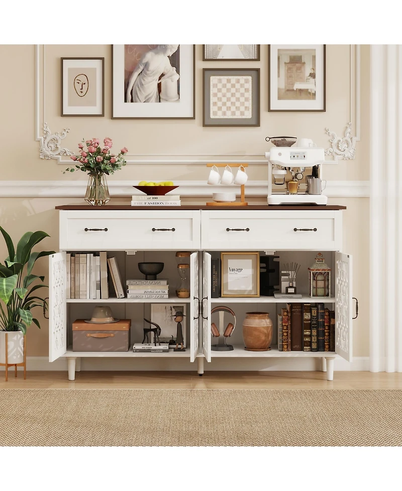 Rainsken Retro Storage Sideboard with Hand-Carved Openwork Doors, 2 Drawers and Metal Handles