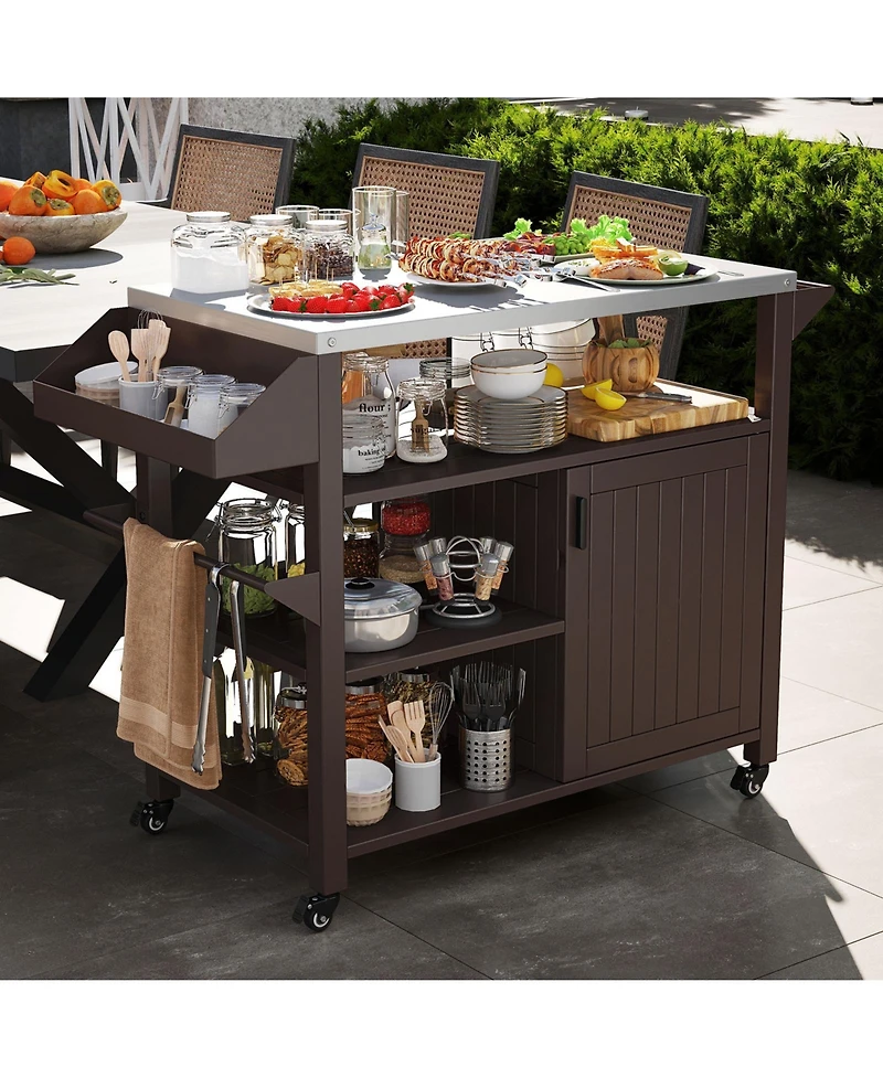 Sugift Outdoor Grill Cart with Storage Cabinet Shelves and Stainless Steel Top