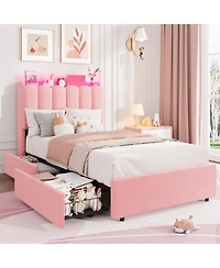 gaomon Led Bed Frame with Storage Headboard, Boucle Upholstered Platform for Girls, 2 Drawers and Bookcase