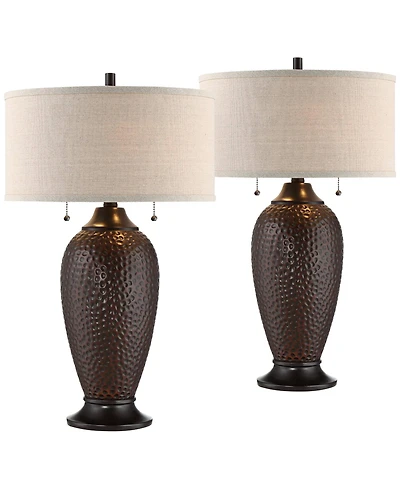 360 Lighting Cody Rustic Farmhouse Table Lamps 26" High Set of 2 Hammered Oiled Bronze with Table Top Dimmers Oatmeal Shade for Bedroom Living Room