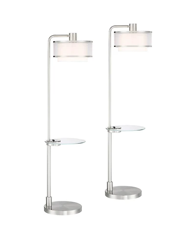 Possini Euro Design Vogue Modern Floor Lamps with Tray Tables 60" Tall Set of 2 Brushed Nickel Usb Charging Port Double Shade for Living Room Bed