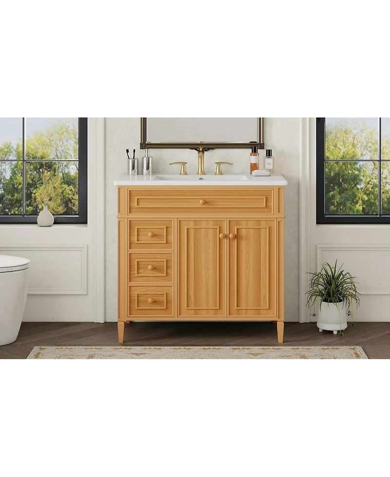 Busdays 36" Solid Wood Bathroom Vanity with Sink, 3 Drawers and 2 Soft-Close Doors, Rubber Wood Handles, Mdf Construction