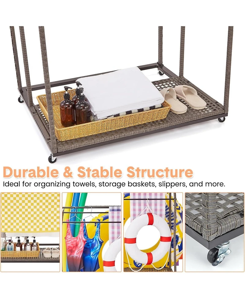 gaomon Outdoor Pool Towel Rack with 5 Bars, Durable Pe Rattan and Steel, Trapezoid Design, Caster Wheels, Versatile Storage