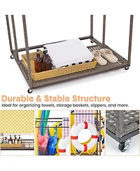gaomon Outdoor Pool Towel Rack with 5 Bars, Durable Pe Rattan and Steel, Trapezoid Design, Caster Wheels, Versatile Storage