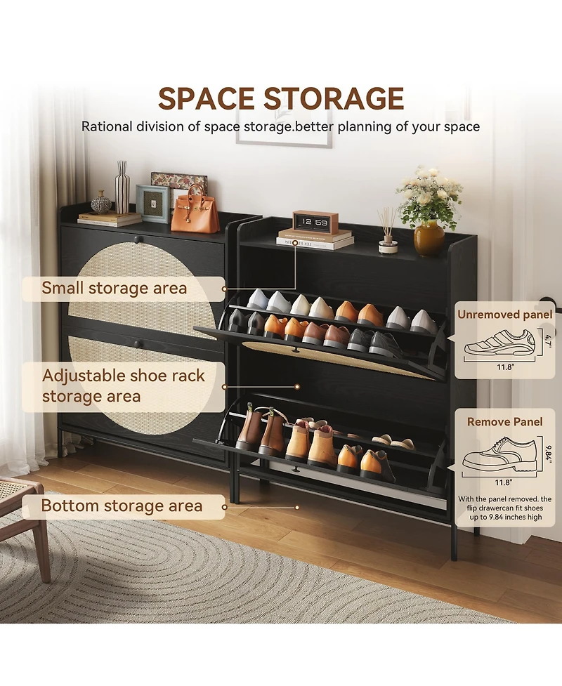 Rainsken Freestanding Rattan Storage Cabinet, Slim Shoe Organizer Featuring 2 Flip Drawers and Sturdy Metal Legs for Entryway
