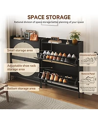 Rainsken Freestanding Rattan Storage Cabinet, Slim Shoe Organizer Featuring 2 Flip Drawers and Sturdy Metal Legs for Entryway