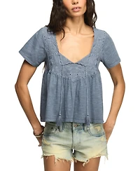 Lucky Brand Women's Short-Sleeve Embroidered Yoke Tassel Top