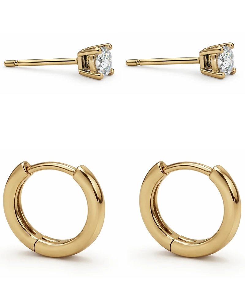 And Now This Cubic Zirconia Round Stud & Polished Huggie Hoop in Gold Plate or Silver Plate