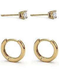 And Now This Cubic Zirconia Round Stud & Polished Huggie Hoop in Gold Plate or Silver Plate