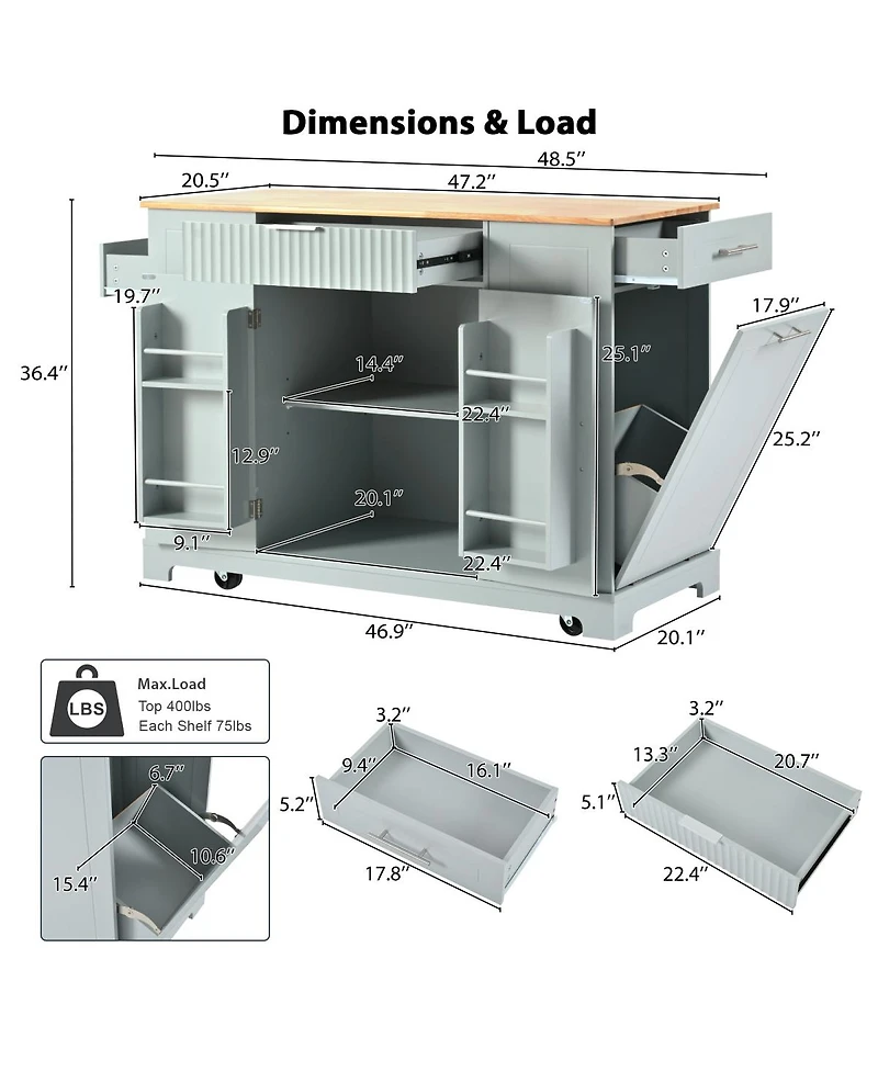 Streamdale Furniture Rolling Kitchen Island Trash, Power, Storage, 3 Drawers