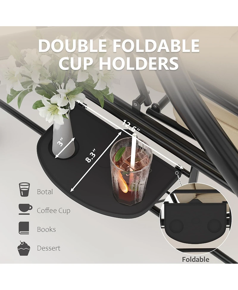 Homfan 3-seat porch swing with stand, adjustable canopy, 800 lb capacity, cup holder tray, cushions and pillows for outdoor patios.