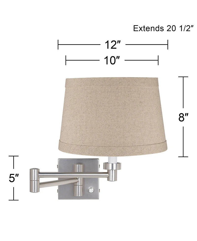 Possini Euro Design Modern Swing Arm Wall Lamp Brushed Nickel Plug-In Light Fixture Natural Linen Drum Shade for Bedroom Bedside