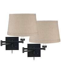 Franklin Iron Works Modern Swing Arm Wall Lamps Set of 2 Espresso Bronze Plug-In Light Fixture Natural Linen Drum Bedroom Bedside