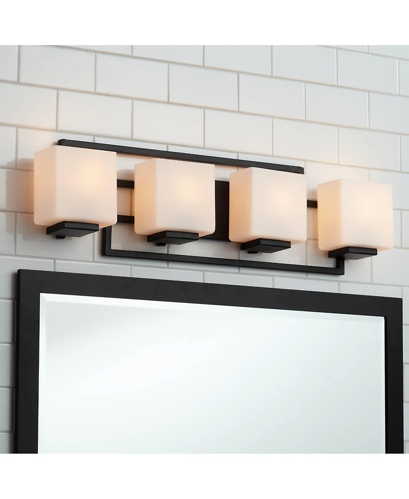 Possini Euro Design Modern Wall Light Black Hardwire 29" 4-Light Fixture White Rectangular Glass Shade for Bathroom Vanity Home