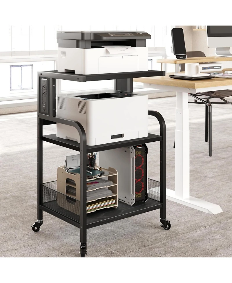 gaomon Printer Stand with Usb Power Ports, 3-Tier Rolling Cart, Adjustable Shelf, Heavy Duty Multifunction Table for Office or Kitchen