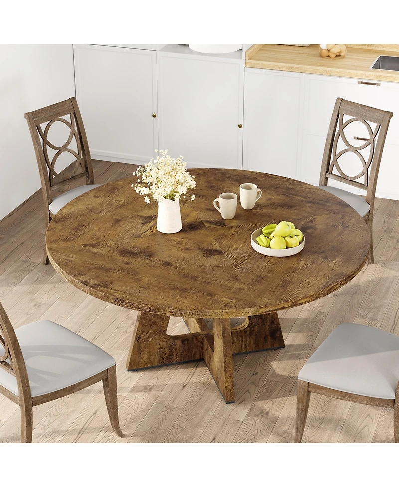 Homfan Round Dining Table, Farmhouse Table for 4-6, Mid Century Wood with Wide Top and Cross Base, Circle Kitchen