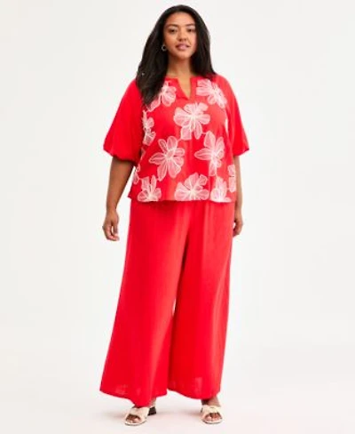 Vince Camuto Plus Size Split Neck Band Bubble Sleeve Blouse Cropped Wide Leg Pants