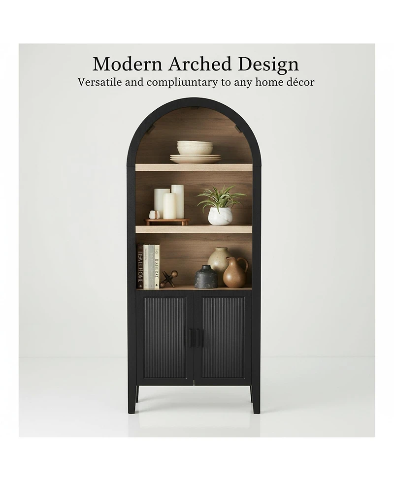 Yigii Arched Pantry Cabinet Reeded Doors 5-Tier Adjustable Shelves Storage for Kitchen Dining Living Room