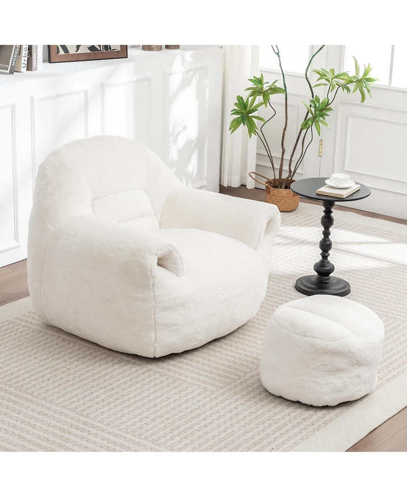 Clihome Comfy Bean Bag Sofa with Back Support and Footstool, Faux Fur Bean Bag Chair, Stuffed Floor Sofa