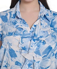 Calvin Klein Plus Cap-Sleeve Ruffle-Front Collared Top
