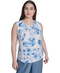 Calvin Klein Plus Printed Pleated Crewneck Camisole Top