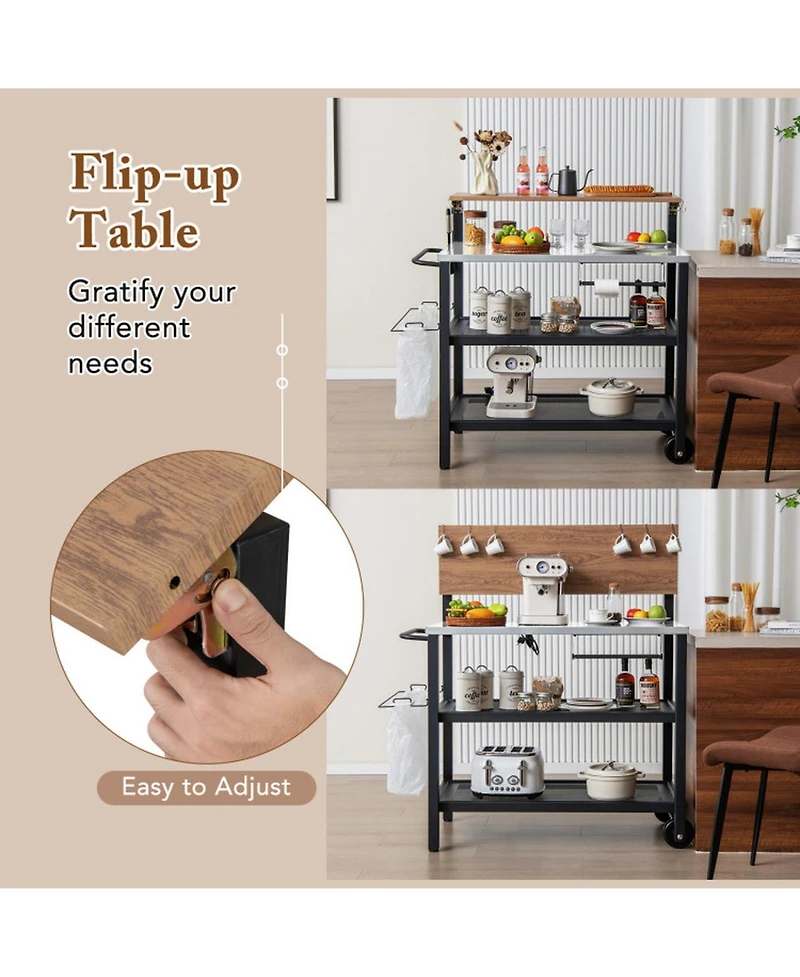 Gouun Rolling 3-Tier Bar Cart with Flip-Up Table, Hooks, and Wheels