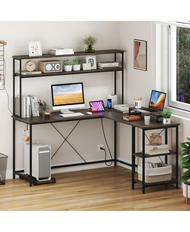 Gouun L-Shaped Reversible Gaming Desk with Led Lights, Power Outlets, Monitor Stand and Hutch