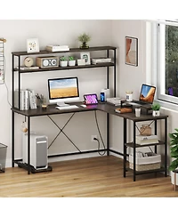 Gouun L-Shaped Reversible Gaming Desk with Led Lights, Power Outlets, Monitor Stand and Hutch