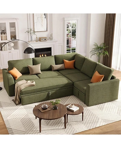 gaomon Corduroy U Shaped Sectional Sleeper Sofa with Pull Out Bed, Storage Seat & Ottoman