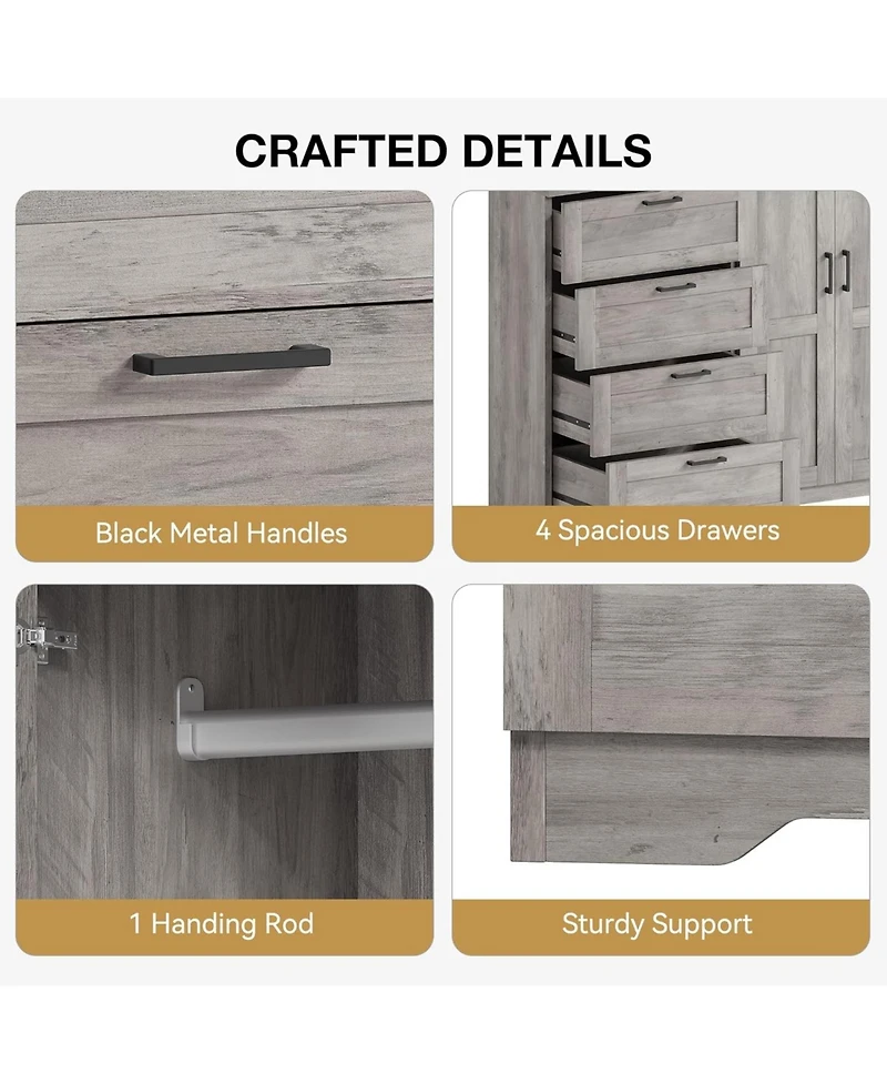 gaomon 43.3'' H Armoire Wardrobe Closet with 4 Drawers and 2 Doors, Hanging Rod, Multifunctional Wooden Dresser with Storage Closet