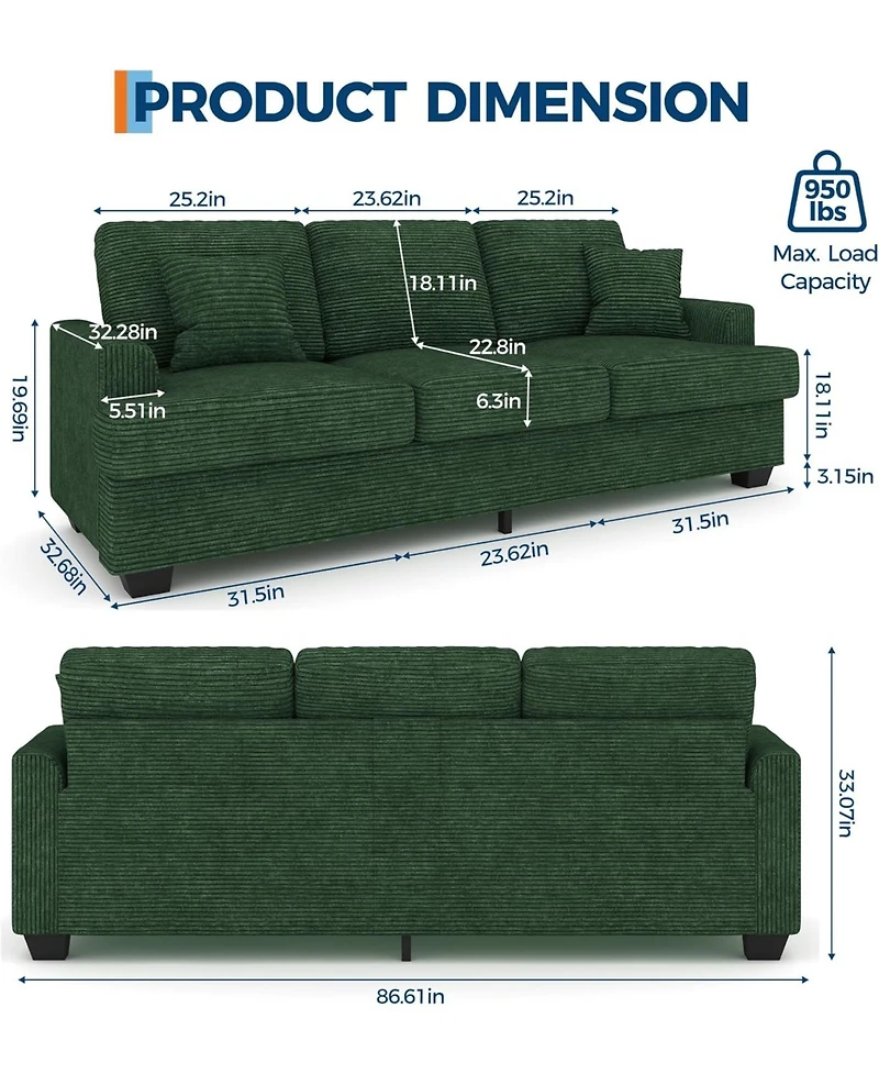 gaomon Modern Sofa with 2 Throw Pillows, Deep Seat Couch Upholstered Cushion & Removable Cover