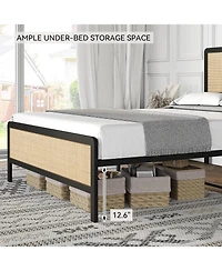 gaomon Rattan Bed Frame,Boho Bed Frame With Rattan Headboard & Footboard,Sturdy Metal Platform Bed Frame With Noise-Free Design