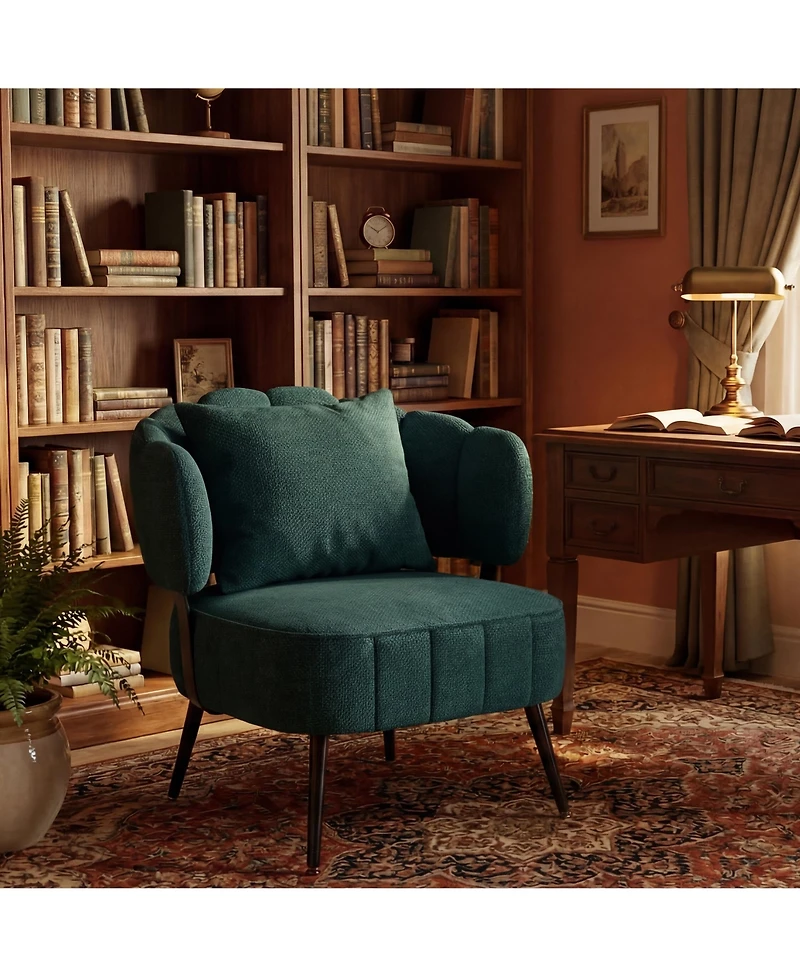 Rainsken Modern Chenille Accent Chair with Scalloped Backrest and Pocket Coil Seat, Upholstered Barrel Chair for Living Room and Reading Nook