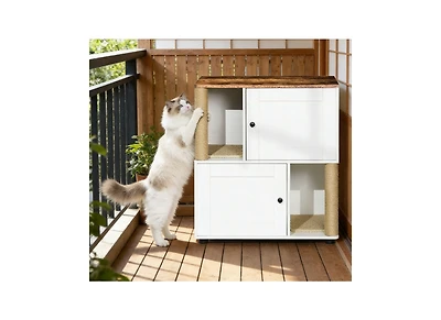 Zeus & Ruta Double-Cat Litter Enclosure with Dual Chambers and Shelf for 2 Cats, Universal Fit Vintage