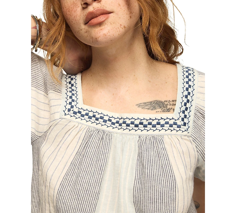 Lucky Brand Women's Striped Square Neck Embroidered Top
