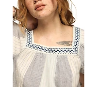 Lucky Brand Women's Striped Square Neck Embroidered Top