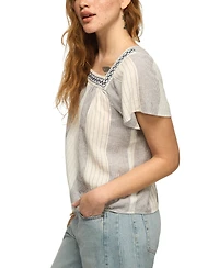 Lucky Brand Women's Striped Square Neck Embroidered Top
